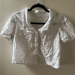 White Eyelet Cropped Button-Up Top